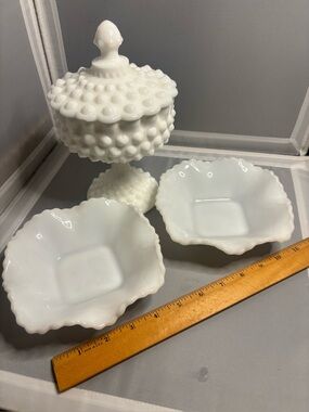 Fenton milk glass hobnail compote + 2 dish
